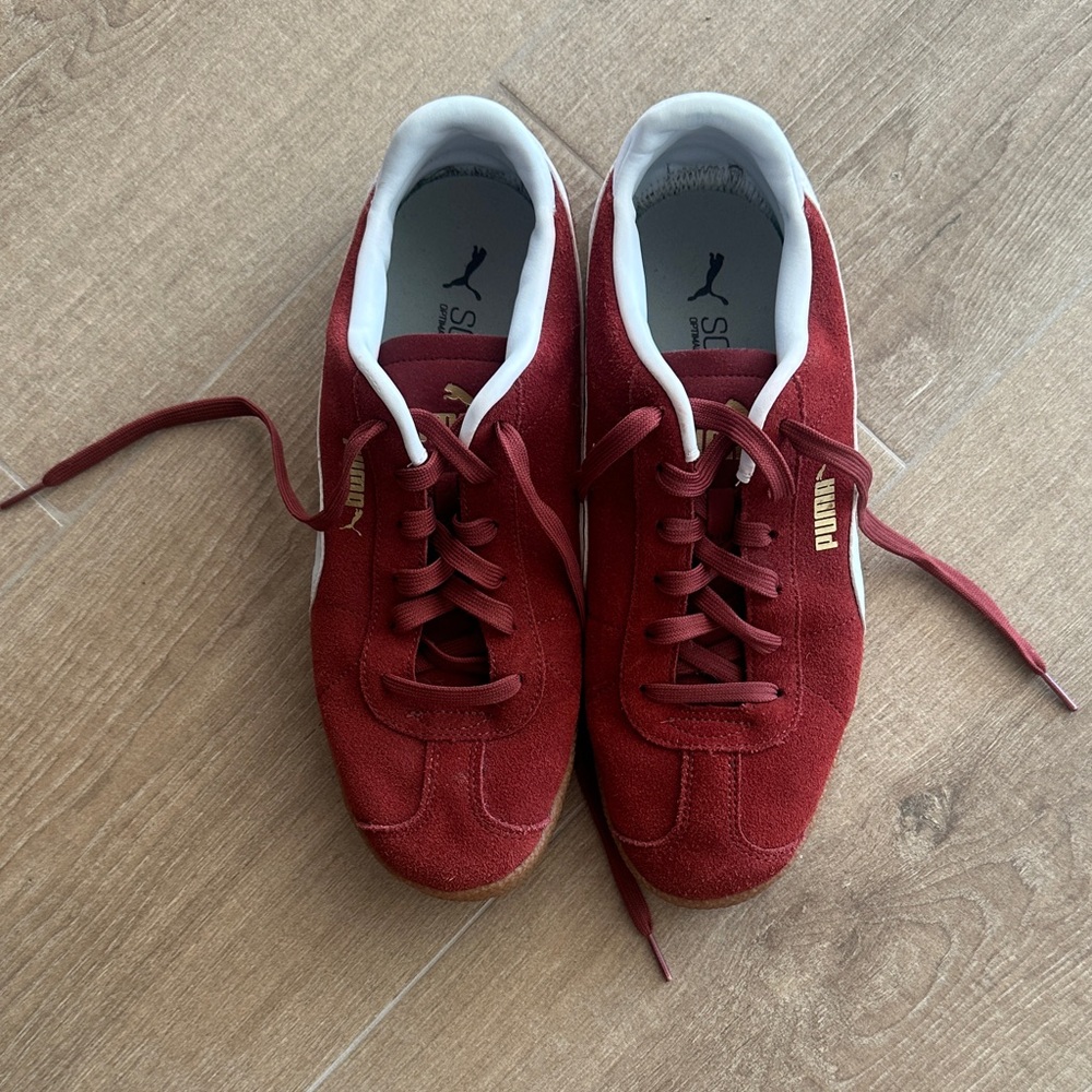 Puma Men’s Red Suede Low-Top Sneakers with Gold Logo